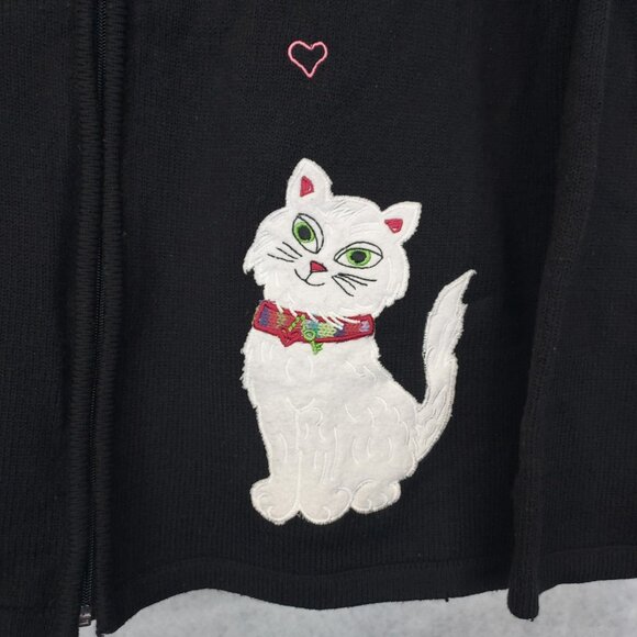 Alia Cat Cardigan Sweater Women's Petite L Black Full Zip Applique Embroidery - Picture 3 of 12